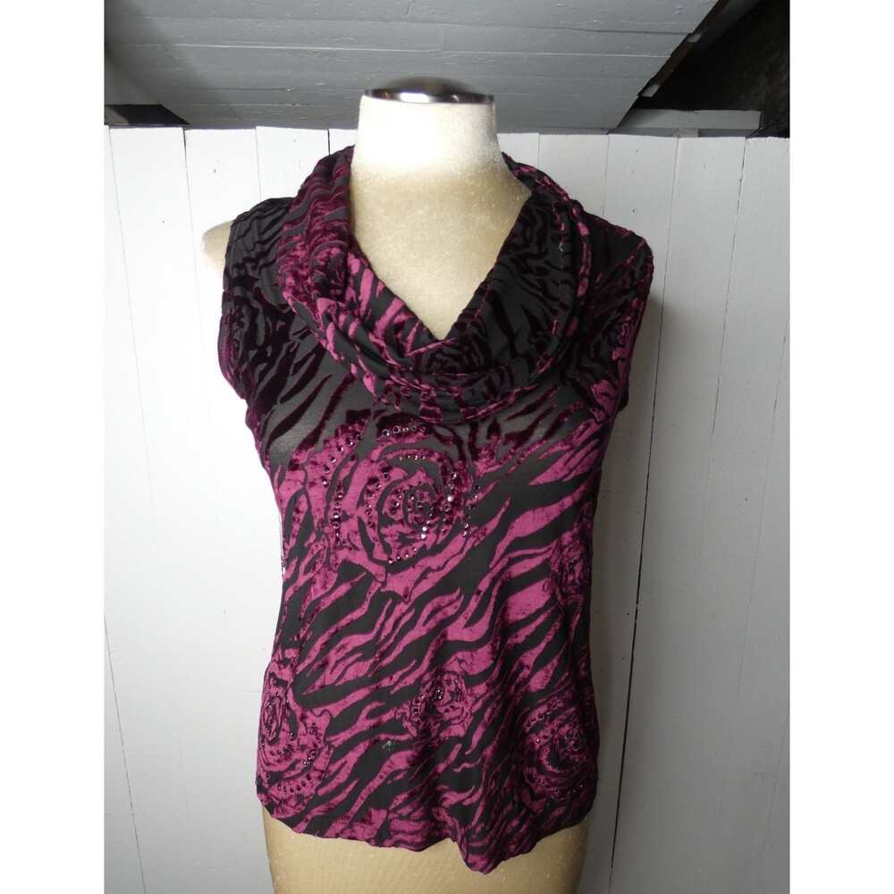 VTG Express Y2K Womens L Pink Black Velvet Tank Top Rhinestone Stretch Cowl Neck